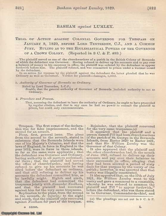 Item #350648 Bermuda : Basham against Lumley. Trial of Action against Colonial Governor for...