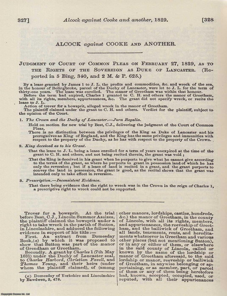 Item #350649 Alcock against Cooke and Another. Judgment as to the rights of the Sovereign as Duke...