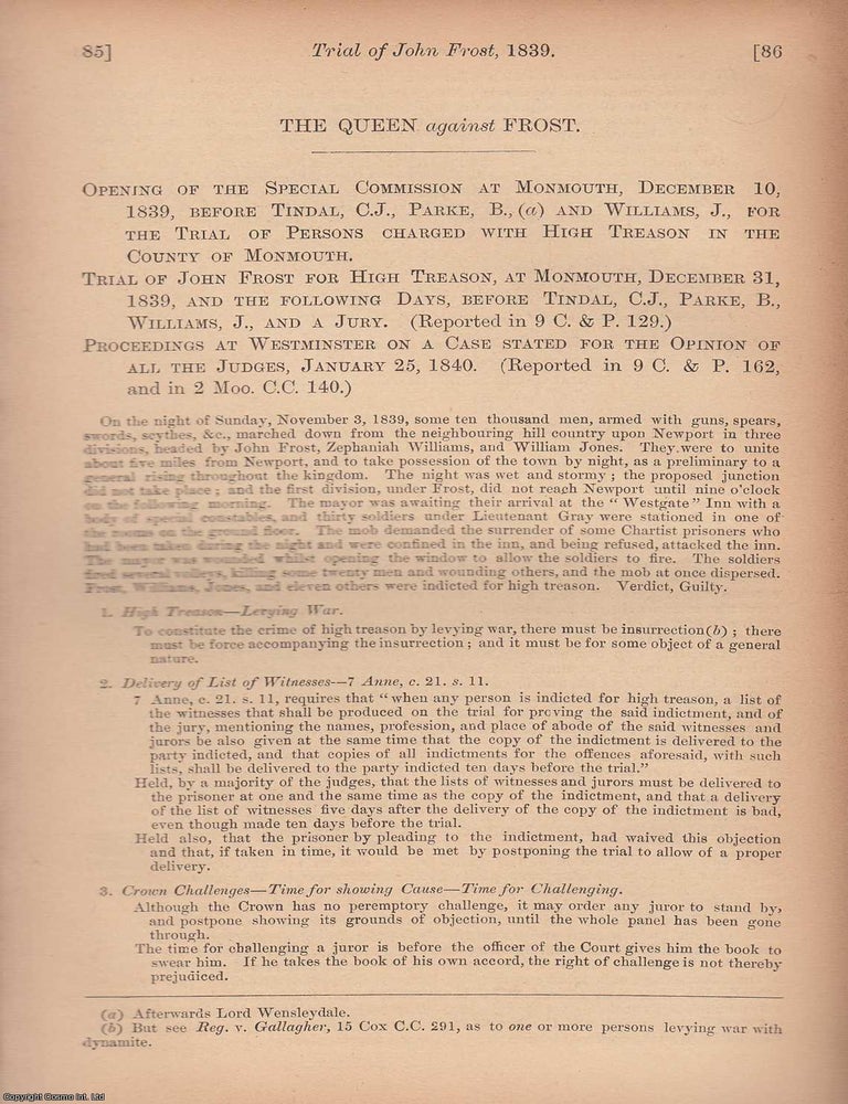 Item #350667 Chartism : Trial of John Frost. The Queen against Frost. Opening of the Special...