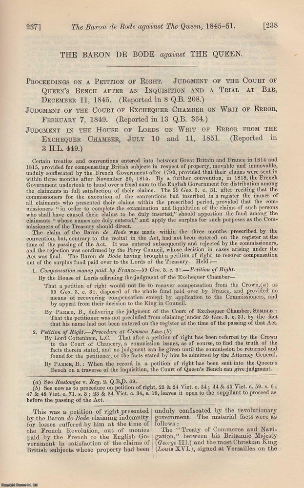 Item #350691 The Baron de Bode against The Queen. 1845, 1849, & 1851. A 1982 facsimile...