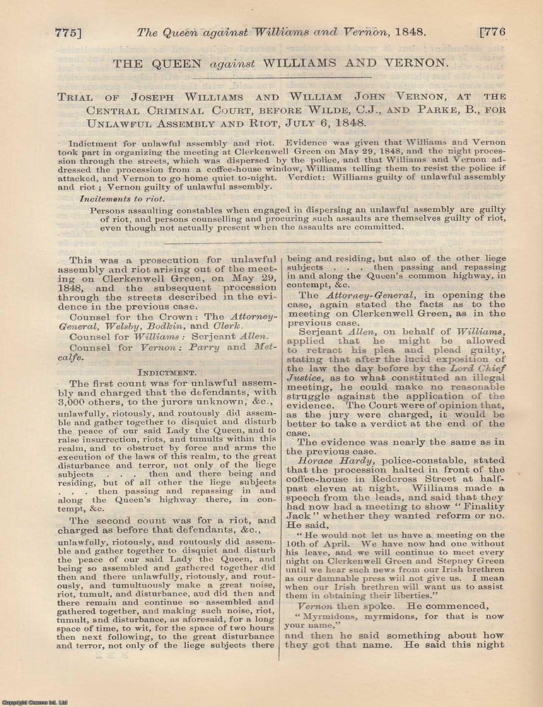 Item #350701 Chartism : The Queen against Williams and Vernon. Trial of Joseph Williams and...