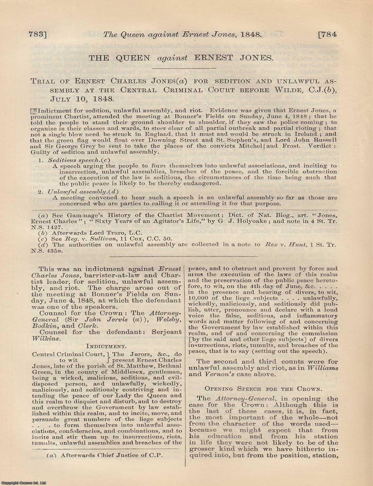 Item #350702 Chartism : The Queen against Ernest Jones. Trial of Ernest Charles Jones for...