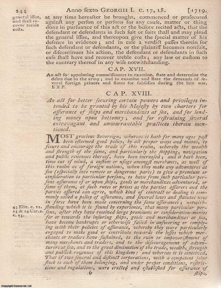 Item #350804 1719. Royal Exchange and London Assurance Corporation Act 1719 c. 18 commonly known...