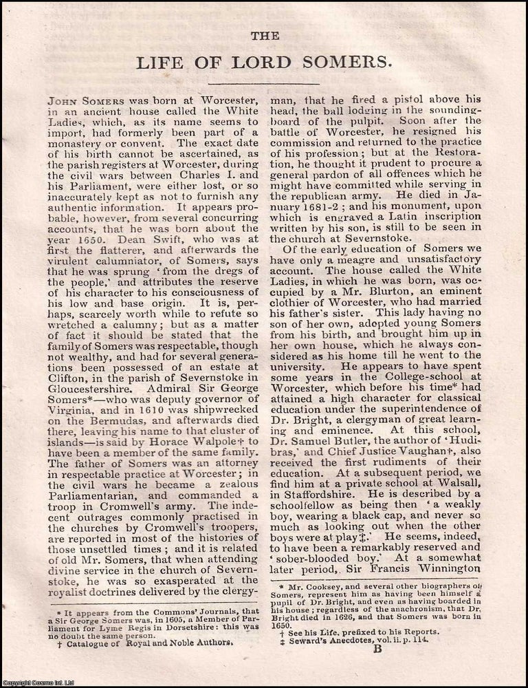 Item #351340 The Life of Lord Somers. Published by : S.D.U.K. 1833. LORD SOMERS.