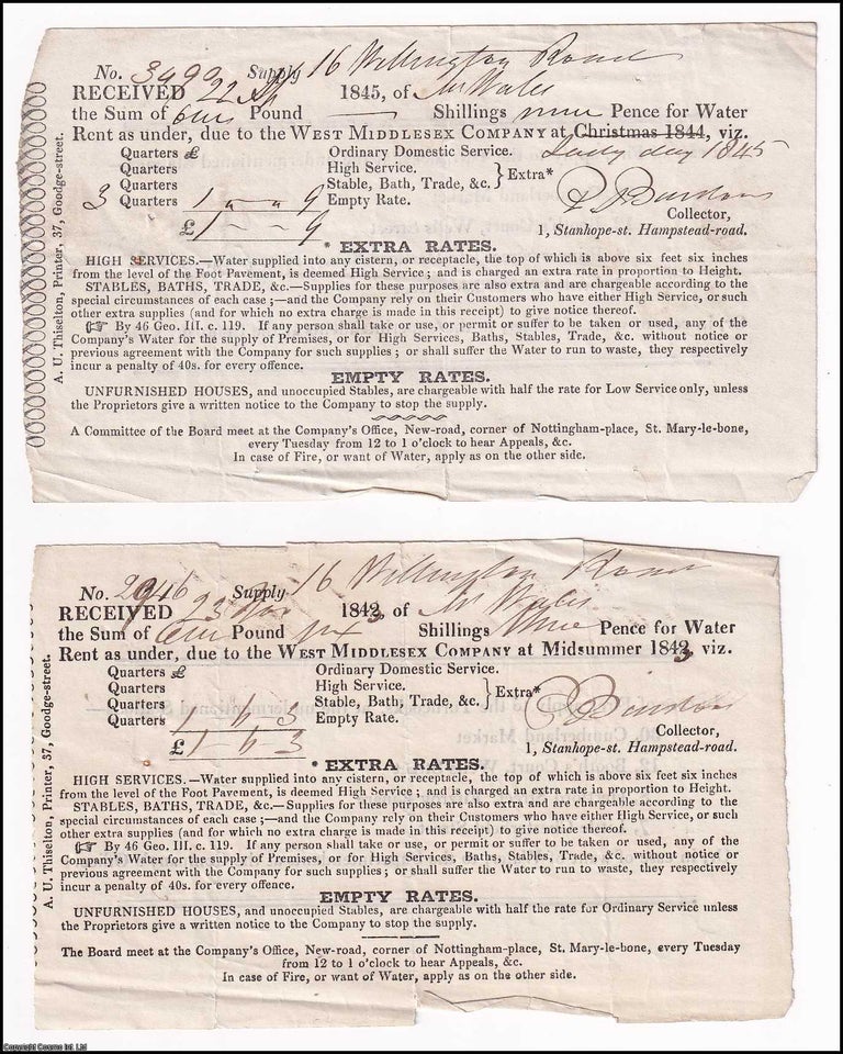 Item #351447 Water Rent Receipts, dated 1843 & 1845, paid to the West Middlesex Company. Two printed receipts, each about 4 x 6.5 inches, completed in ink. West Middlesex Company.