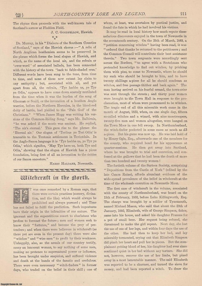 Item #351819 Witchcraft in the North. An original article from The Monthly Chronicle, 1887. James...