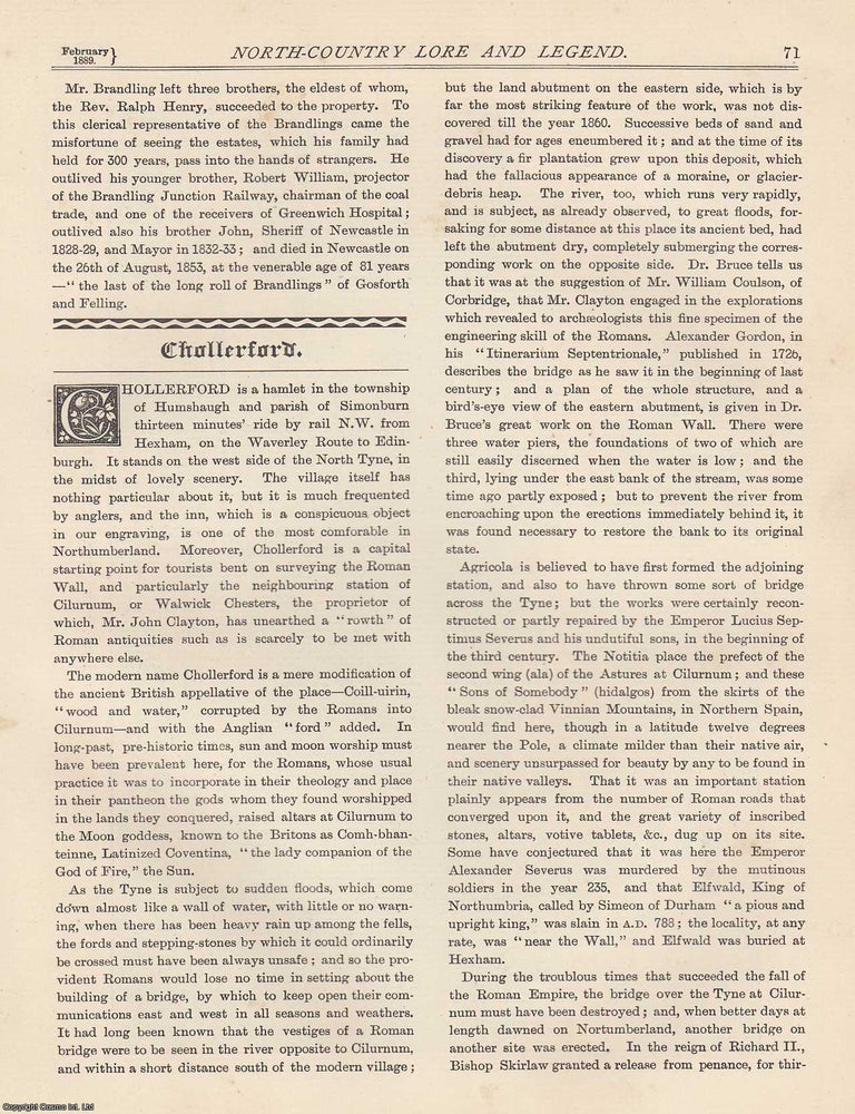 Item #351878 Chollerford, near Hexham. An original article from The Monthly Chronicle 1889. NORTH...
