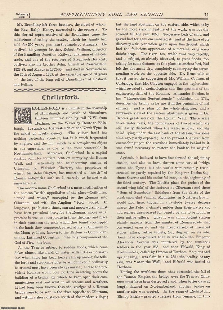 Item #351878 Chollerford, near Hexham. An original article from The Monthly Chronicle 1889. NORTH...