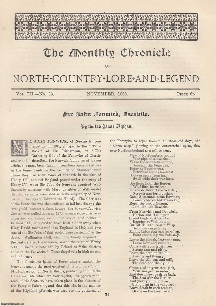 Item #351898 Sir John Fenwick, Jacobite. An original article from The Monthly Chronicle 1889....