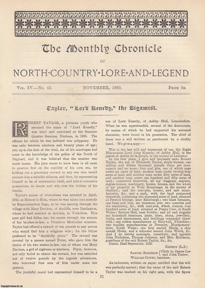 Item #351908 Robert Taylor, Lord Kenedy, the Bigamist. An original article from The Monthly Chronicle 1890. Walter Scott.