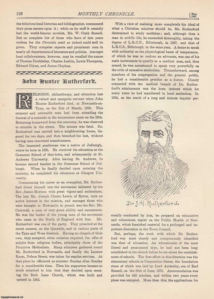 Item #351914 John Hunter Rutherford, an obituary. An original article from The Monthly Chronicle 1890. Walter Scott.