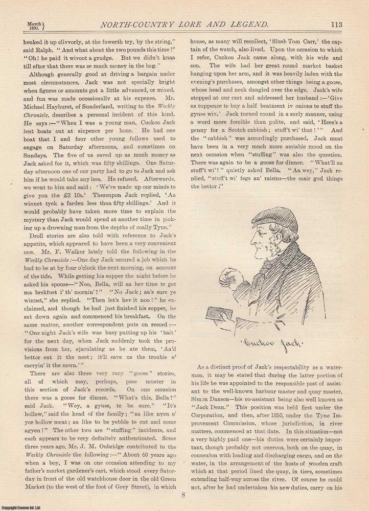 Item #351915 Cuckoo Jack, John Wilson; Tyne waterman. An original article from The Monthly Chronicle 1890. Jos. I. Nicholson.