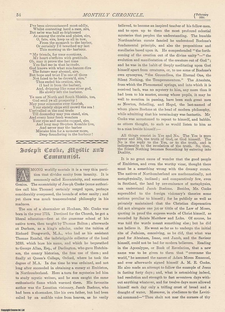 Item #351917 Joseph Cooke, Mystic and Communist. An original article from The Monthly Chronicle 1890. Walter Scott.