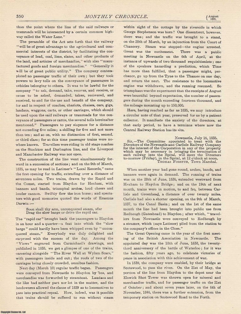 Item #351933 Newcastle and Carlisle: The Canal and the Railroad. An original article from The...