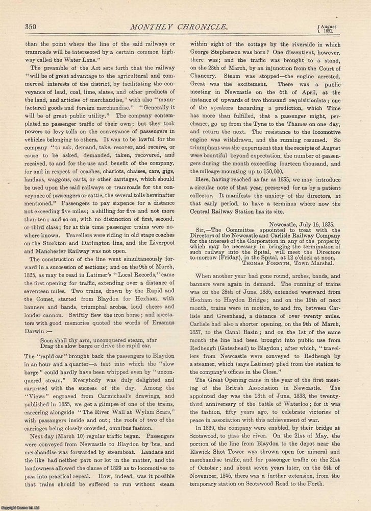 Item #351933 Newcastle and Carlisle: The Canal and the Railroad. An original article from The...