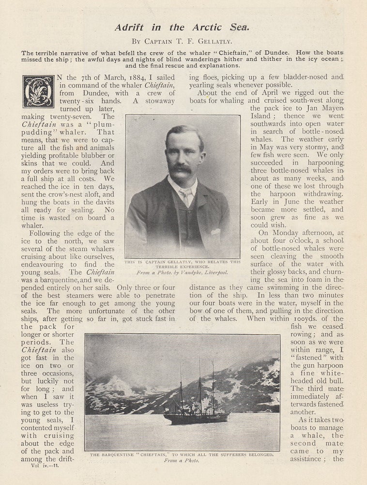 Item #352362 Adrift in the Arctic Sea. The calamitous voyage of the whaler 'Chieftain' of Dundee. An original article from the Wide World Magazine 1899. Captain T. F. Gellatly.