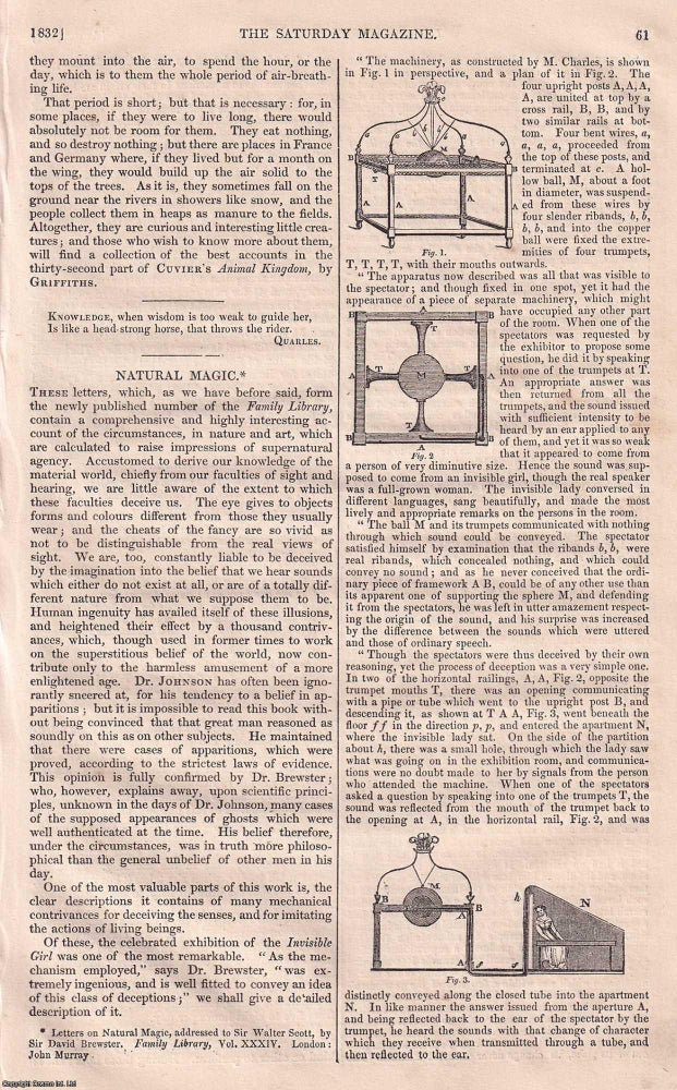Item #352848 Automata Interest, The Invisible Girl, described by David Brewster, containted in The Saturday Magazine, Issue No. 8, August 18th, 1832: The Polar Regions; On the Duties & Advantages of Society. No. III. - Abuses of Benefit Societies; Ephemera, Or Day-Flies; Natural Magic; Infant Education, etc. A complete rare weekly issue of the Saturday Magazine, 1832. Automata Interest.
