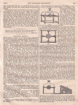 Natural Magic ; Infant Education ; On the Duties & Advantages of Society. No. III. - Abuses of Benefit Societies ; Ephemera, Or Day-Flies ; Automata Interest, The Invisible Girl, described by David Brewster, contained in The Saturday Magazine, A complete rare weekly issue of the Saturday Magazine, 1832.