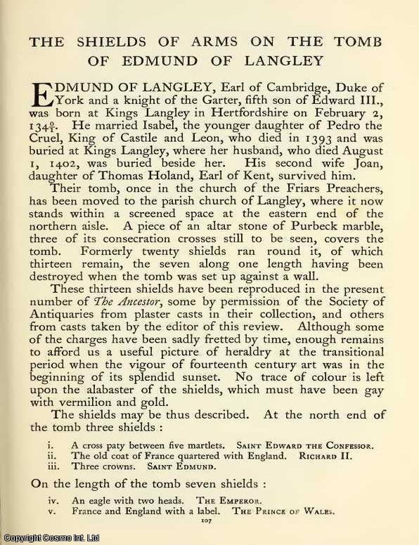 Item #354177 The Shield of Arms On The Tomb of Edmund of Langley (illustrated). An original article from The Ancestor, a Quarterly Review of County & Family History, Heraldry and Antiquities, 1902. Oswald Barron.