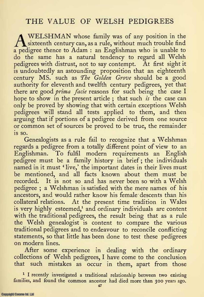 Item #354203 The Value Of Welsh Pedigrees. An original article from The Ancestor, a Quarterly Review of County & Family History, Heraldry and Antiquities, 1903. H. J. T. Wood.
