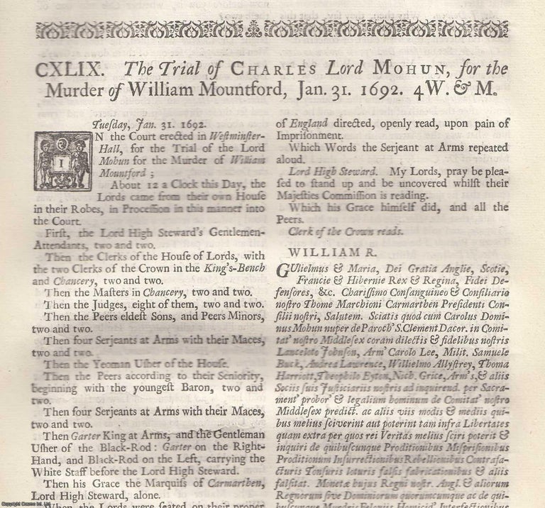 Item #354433 The Trial of Charles Lord Mohun, for the Murder of William Mountford, Jan. 31 1692. An original article from the Collected State Trials. TRIAL.