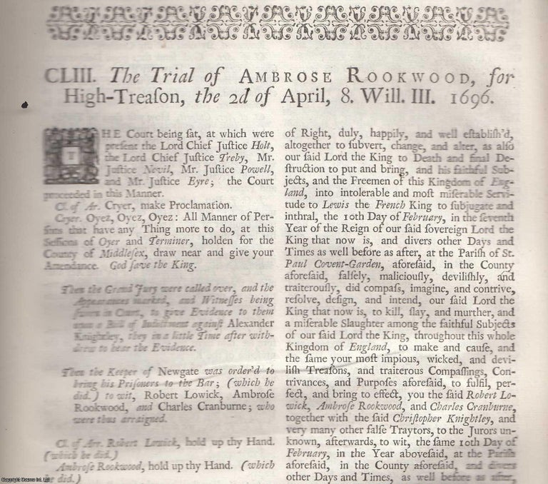 Item #354437 1777 Printing : The Trial of Ambrose Rookwood, for High Treason, the 2nd of April, 1696. An original article from the Collected State Trials. TRIAL.