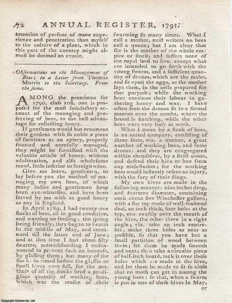 Item #355076 Observations on the Management of Bees; in a Letter from Thomas Morris. An original...