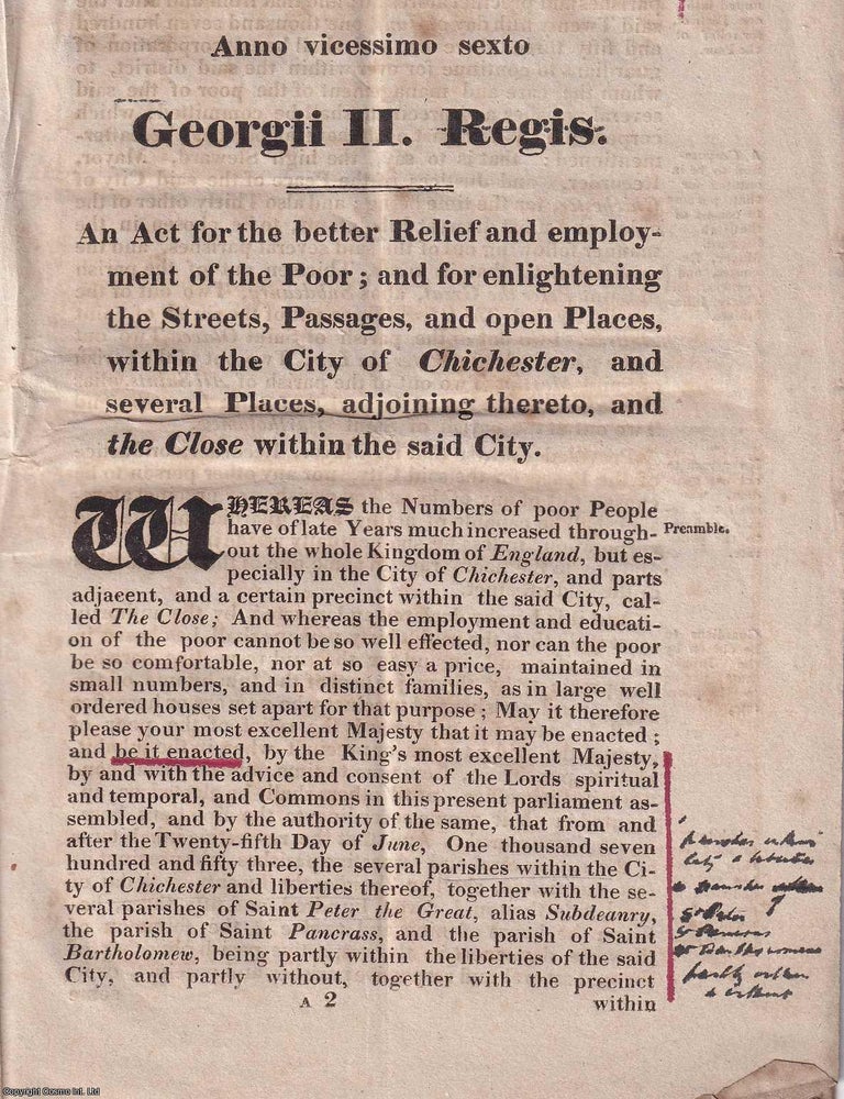 Item #355419 1753 Chichester Poor Relief Act: With the 1772 Will of John Hardham, Tobacconist of Fleet Street. A Rare Regional 1814 Reprint. 1814 A TOBACCONIST'S LEGACY AND A. CITY'S POOR: A. CURIOUS CHICHESTER PRINTING.