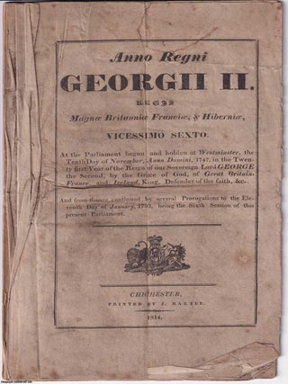 1753 Chichester Poor Relief Act: With the 1772 Will of John Hardham, Tobacconist of Fleet Street. A Rare Regional 1814 Reprint.