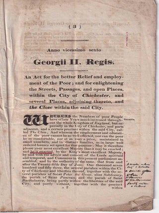 1753 Chichester Poor Relief Act: With the 1772 Will of John Hardham, Tobacconist of Fleet Street. A Rare Regional 1814 Reprint.