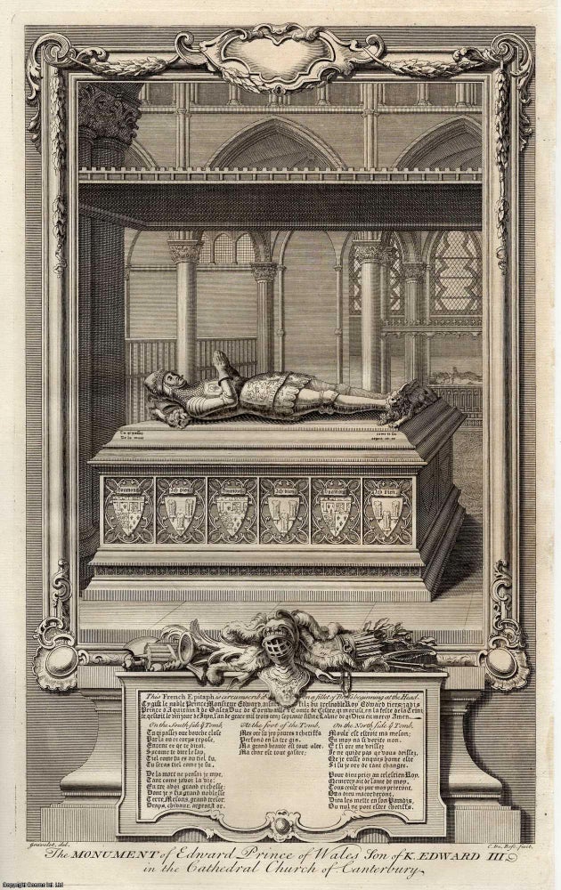 Item #356289 The Monument of Edward, Prince of Wales, son of King Edward III in the Cathedral Church of Canterbury. Engraved by Claude Du Bosc. This is an original 279 year old copper engraving separated from Rapin de Thoyras' History of England, London, printed 1743. Engraver Claude Du Bosc.