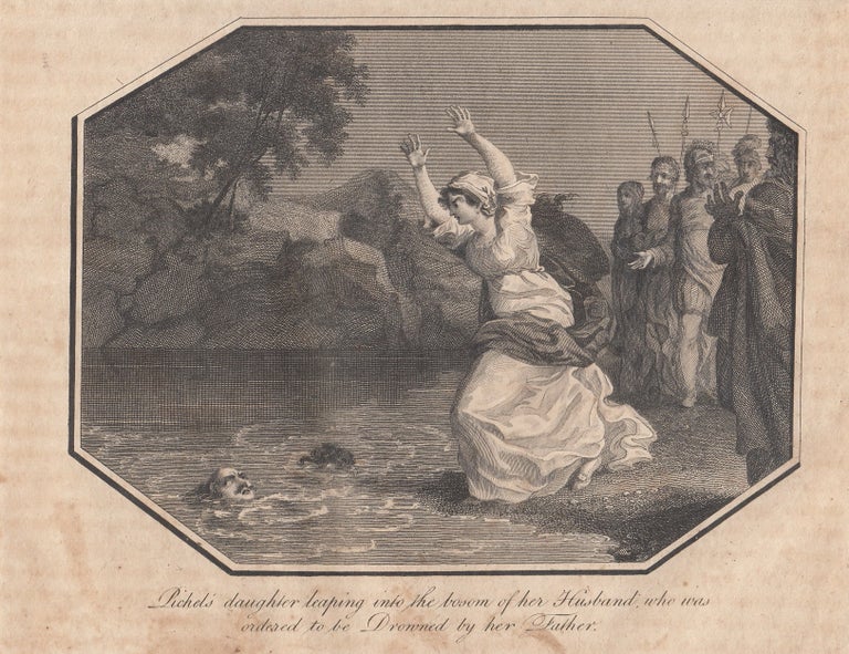 Item #356382 Engraving. Richel's daughter leaping into the bosom of her Husband who was ordered to be Drowned by her Father. This is an original 210 year old print separated from Foxe's Book of Martyrs, London, printed 1813. Foxe's Book of Martyrs.