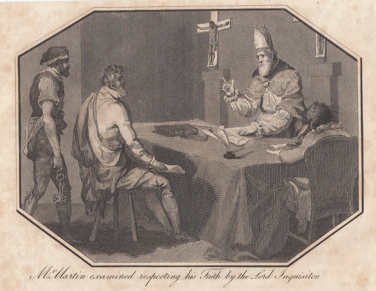 Item #356407 Engraving. Mr. Martin examined respecting his Faith by the Lord Inquisitor. This is an original 210 year old print separated from Foxe's Book of Martyrs, London, printed 1811. Foxe's Book of Martyrs.