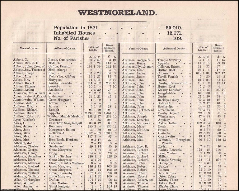 Item #356674 1873. Westmoreland. The names of owners of land one acre and above. Return of Owners of Land, showing the total Population, Inhabited Houses, Number of Parishes. Secretary John Lambert, Local Government Board.