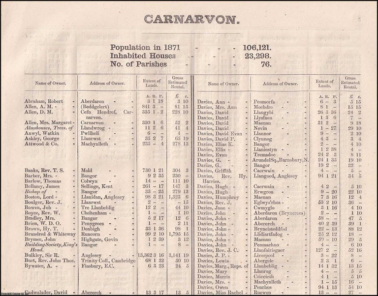 Item #356687 1873. Carnarvonshire. The names of owners of land one acre and above. Return of Owners of Land, showing the total Population, Inhabited Houses, Number of Parishes. Secretary John Lambert, Local Government Board.