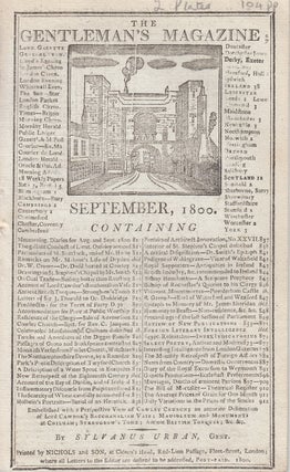 The Gentleman's Magazine for September 1800. FEATURING Two Plates; Lord Cawdor's Bacchanalian Vase, etc. & Cowley Church. A original original monthly issue of the Gentleman's Magazine, 1800.