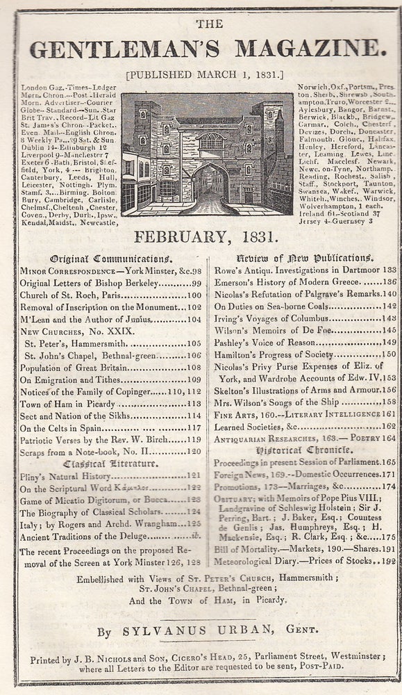 Item #356835 The Gentleman's Magazine for February 1831. A original original monthly issue of the Gentleman's Magazine, 1831. Sylvanus Urban.