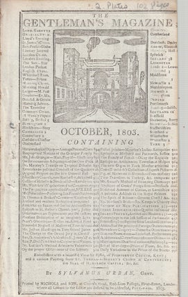 The Gentleman's Magazine for October 1803. FEATURING Two Plates; Frindsbury, Kent & a Painting from Thomas a Becket's Tomb, Canterbury. A original original monthly issue of the Gentleman's Magazine, 1803.