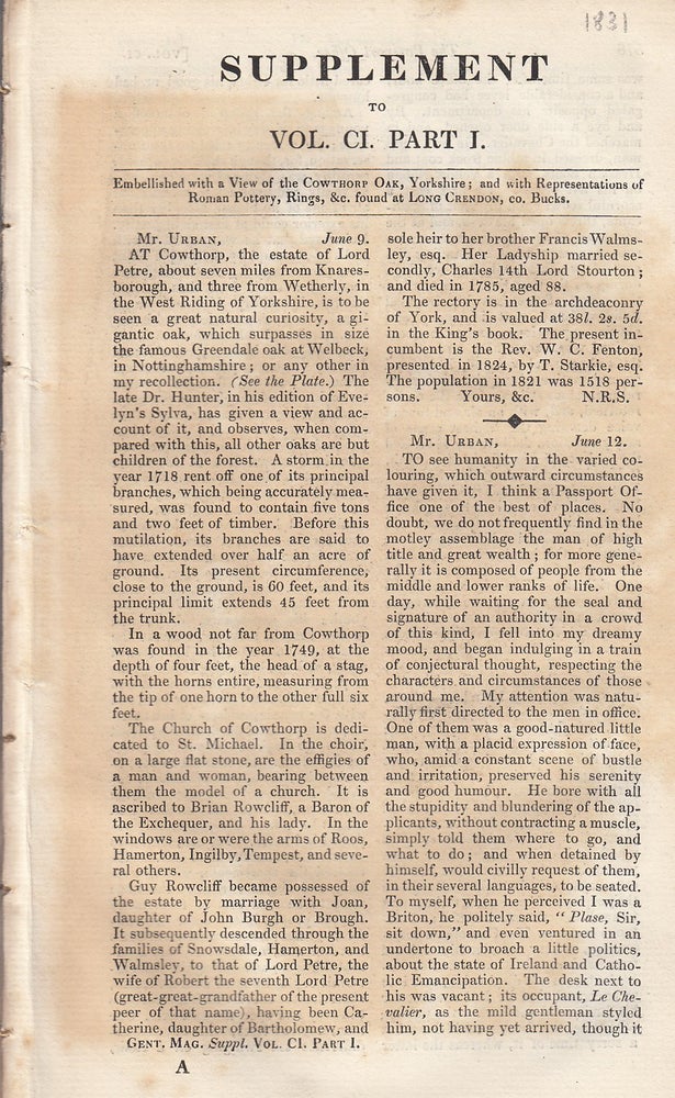 Item #356845 The Gentleman's Magazine for 1831, Supplement Part 1. Includes a three page article regarding the newly built St. Mary's Church, Shrewsbury. A original original monthly issue of the Gentleman's Magazine, 1831. Sylvanus Urban.