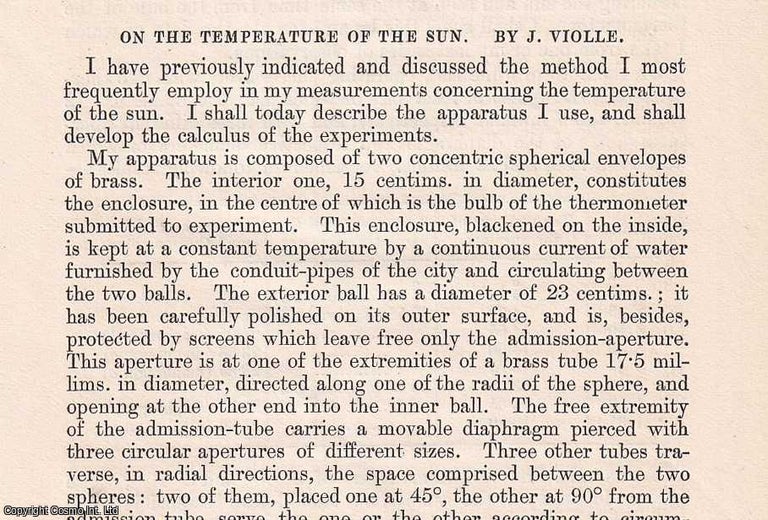 Item #356877 On the Temperature of the Sun. An original article from The London, Edinburgh, and Dublin Philosophical Magazine and Journal of Science, 1874. J. Violle.