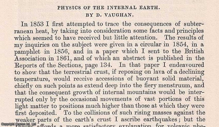 Item #356878 Physics of the Internal Earth. An original article from The London, Edinburgh, and Dublin Philosophical Magazine and Journal of Science, 1874. D. Vaughan.