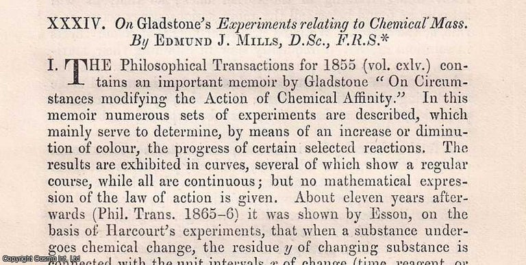 Item #356879 On Gladstone's Experiments relating to Chemical Mass. An original article from...