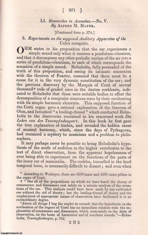 Item #356891 Experiments on the supposed Auditory Apparatus of the Culex mosquito. An original article from The London, Edinburgh, and Dublin Philosophical Magazine and Journal of Science, 1874. Alfred M. Mayer.