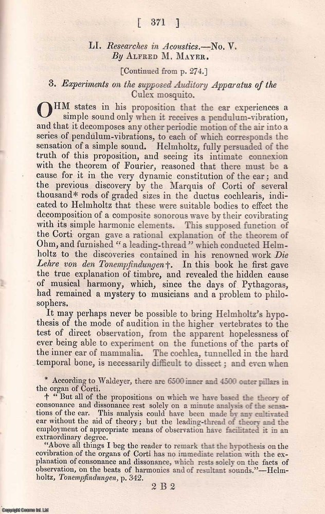 Item #356891 Experiments on the supposed Auditory Apparatus of the Culex mosquito. An original...