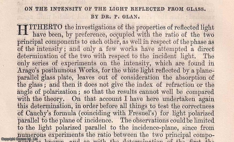 Item #356899 On the Intensity of the Light reflected from Glass. An original article from The London, Edinburgh, and Dublin Philosophical Magazine and Journal of Science, 1874. Dr. P. Glan.