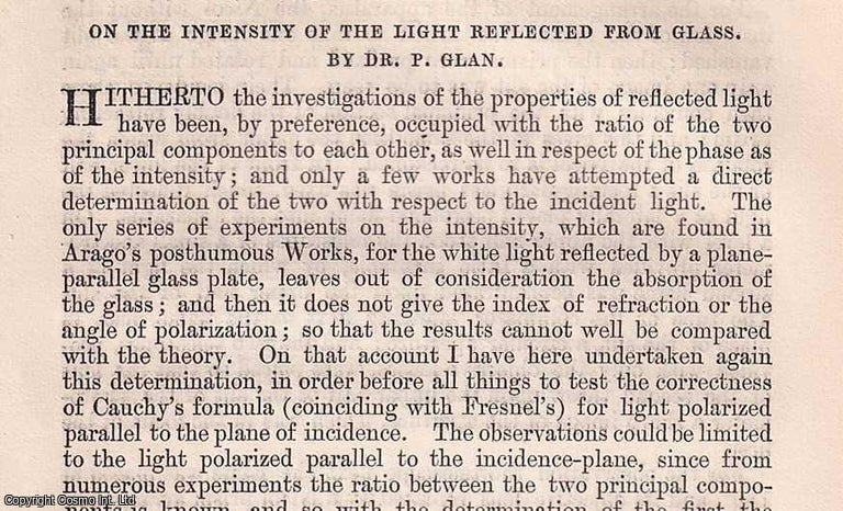 Item #356899 On the Intensity of the Light reflected from Glass. An original article from The...