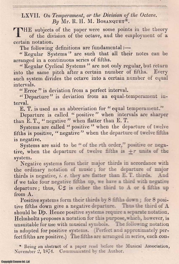 Item #356902 On Temperament, or the Division of the Octave. An original article from The London, Edinburgh, and Dublin Philosophical Magazine and Journal of Science, 1874. Mr. R. H. M. Bosanquet.