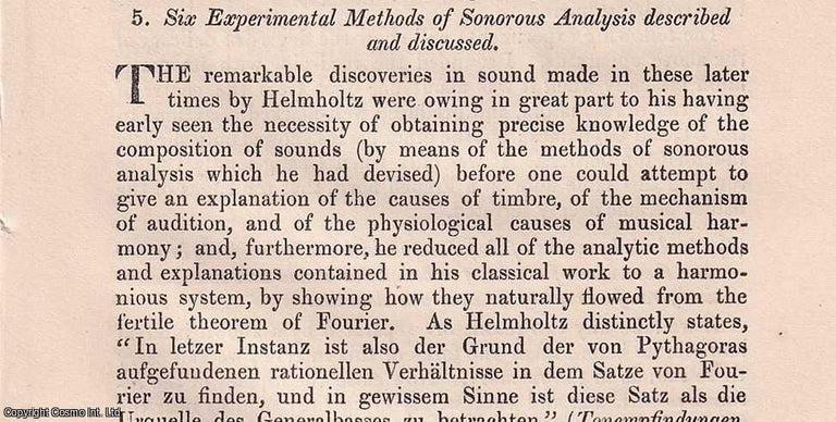 Item #356903 Six Experimental Methods of Sonorous Analysis described and discussed. An original article from The London, Edinburgh, and Dublin Philosophical Magazine and Journal of Science, 1874. Alfred M. Mayer.