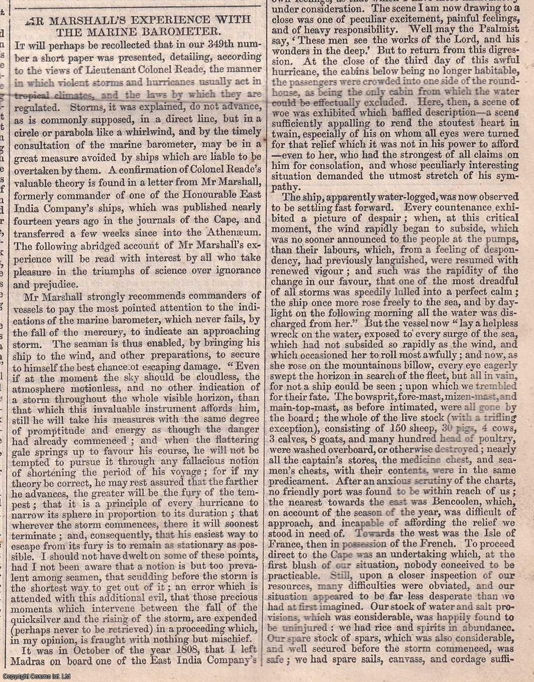 Item #356930 Mr Marshall's Experience with the Marine Barometer. Published by W. & R. Chambers, February 15, 1840, No. 420. 1840. Chambers' Edinburgh Journal.