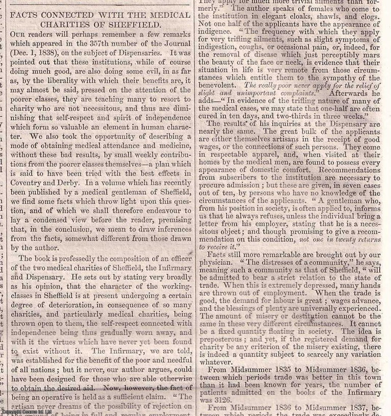 Item #356934 Facts connected with the Medical Charities of Sheffield. A summary of the report by an official of two Sheffield Medical Charities. Published by W. & R. Chambers, March 14, 1840, No. 424. 1840. Chambers' Edinburgh Journal.